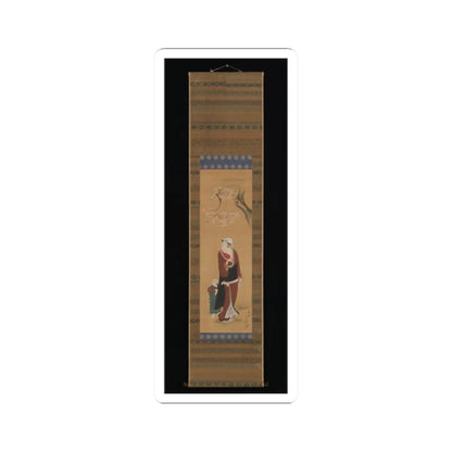 Hanging scroll of an adult in a red robe looking up at cherry blossoms, with a small child in green beside them.