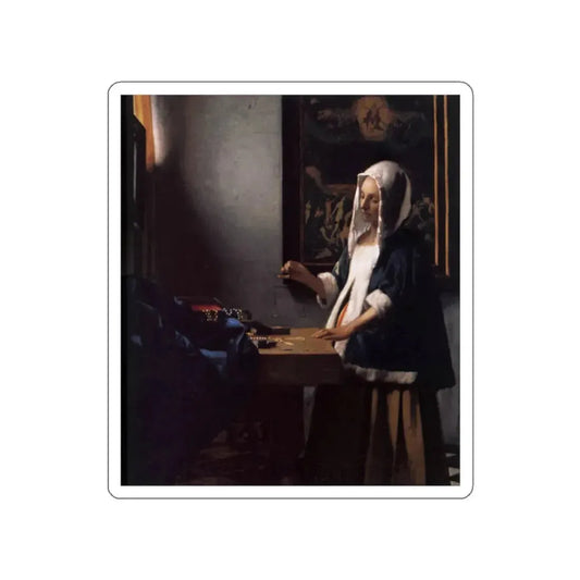 VERMEER, Johannes - Woman Holding a Balance (Artwork) STICKER Vinyl Die-Cut Decal White Die-Cut 2 Inch - The Sticker Space
