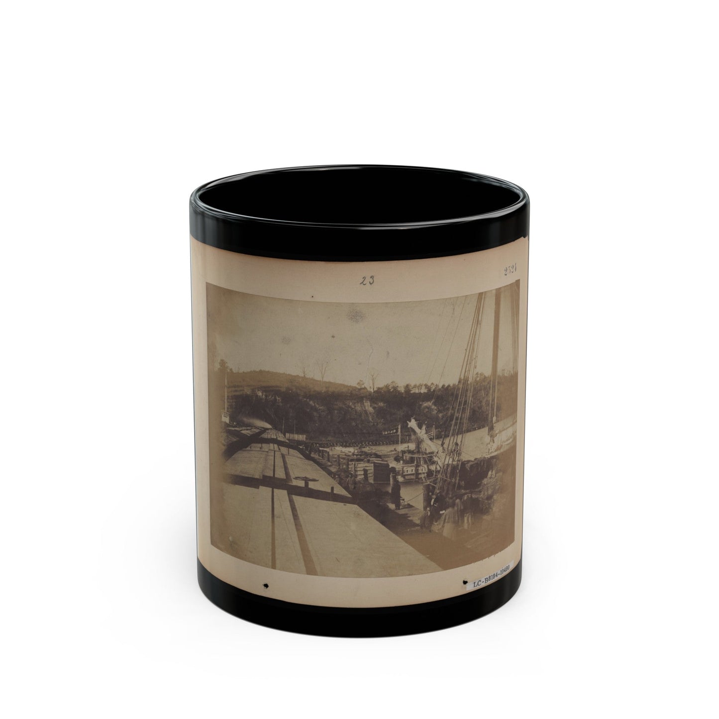 View From The Top Of A Car On The Extreme End Of The Burnside Wharf Looking Towards Shore (U.S. Civil War) Black Coffee Mug-11oz-The Sticker Space