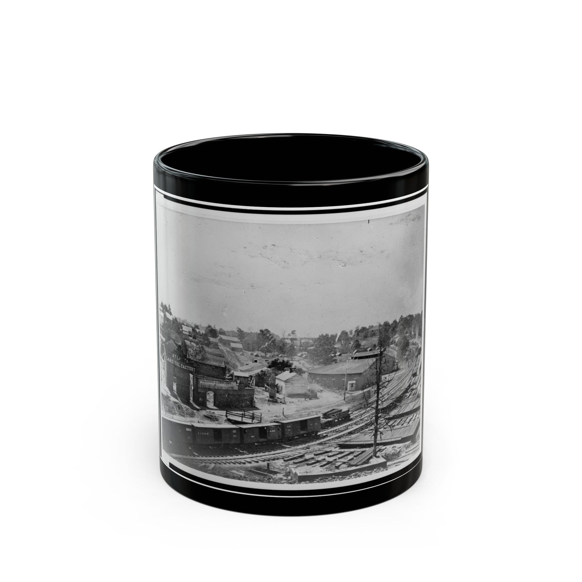 View Of Atlanta, Georgia, With Railroad Cars In Left Foreground (U.S. Civil War) Black Coffee Mug-11oz-The Sticker Space