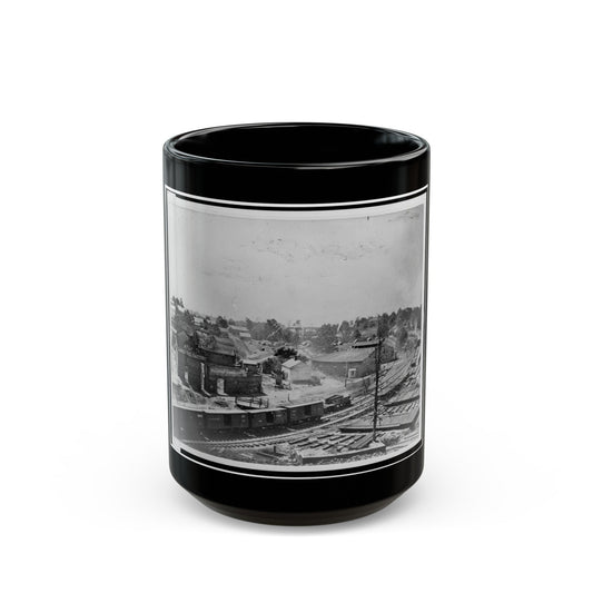 View Of Atlanta, Georgia, With Railroad Cars In Left Foreground (U.S. Civil War) Black Coffee Mug-15oz-The Sticker Space