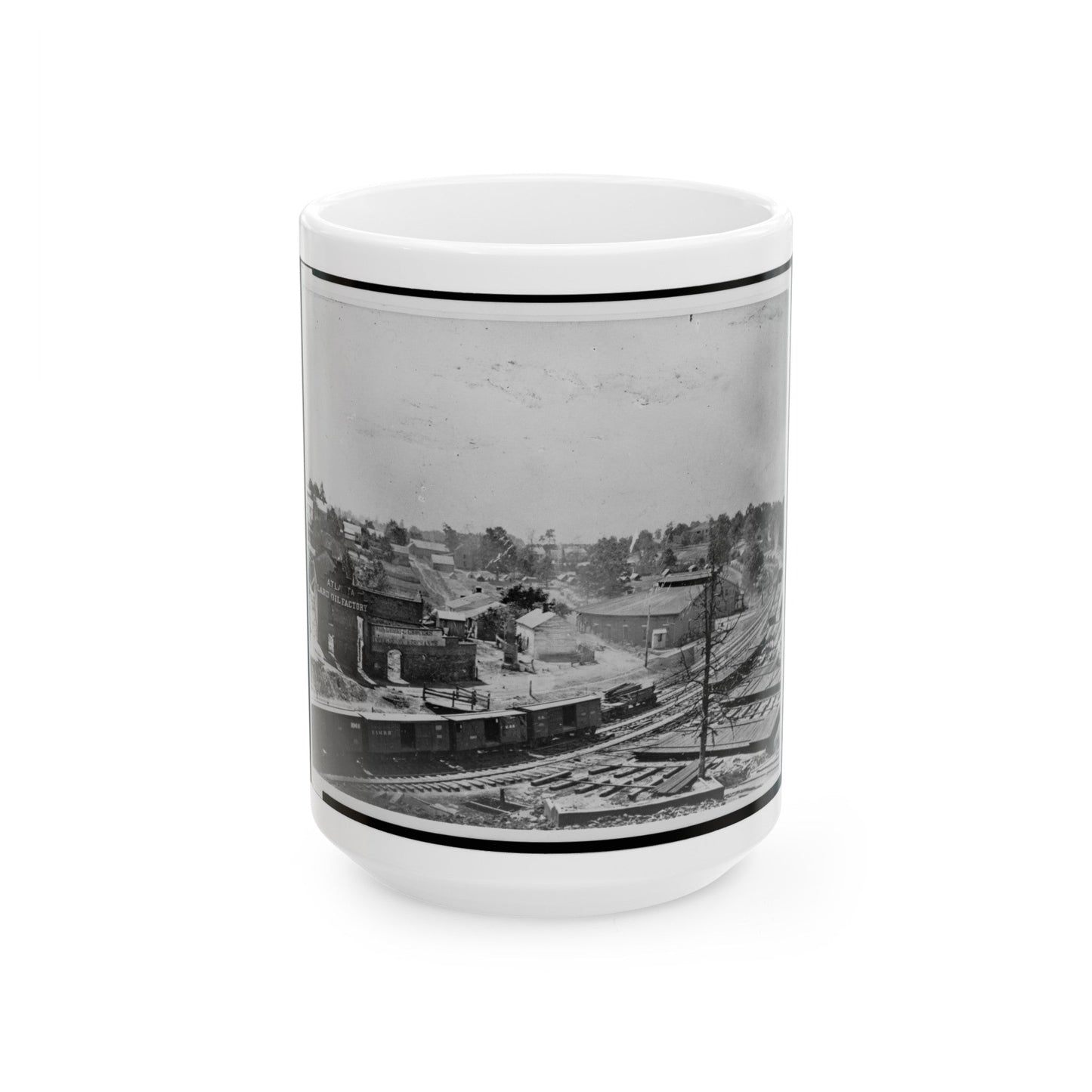 View Of Atlanta, Georgia, With Railroad Cars In Left Foreground (U.S. Civil War) White Coffee Mug