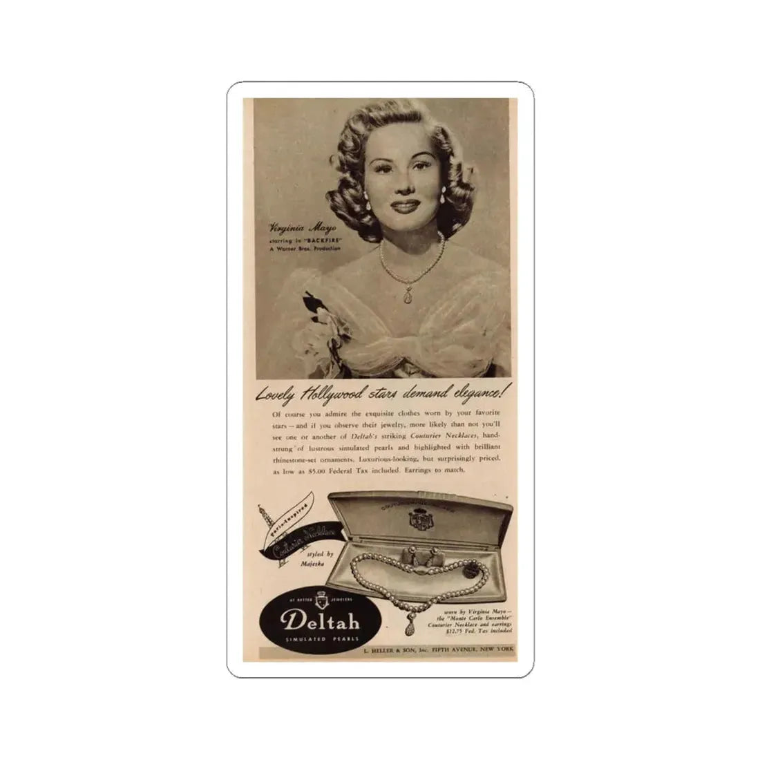 Virginia Mayo #228 - B&W Jewlrey Add with, Head & Shoulder Glamour Shot Circa between 1949-1950 (Vintage Female Icon) STICKER Vinyl Kiss-Cut Decal 3 Inch White - The Sticker Space