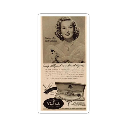 Virginia Mayo #228 - B&W Jewlrey Add with, Head & Shoulder Glamour Shot Circa between 1949-1950 (Vintage Female Icon) STICKER Vinyl Kiss-Cut Decal 3 Inch White - The Sticker Space