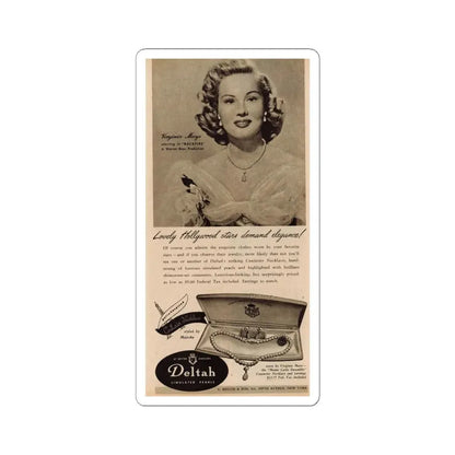 Virginia Mayo #228 - B&W Jewlrey Add with, Head & Shoulder Glamour Shot Circa between 1949-1950 (Vintage Female Icon) STICKER Vinyl Kiss-Cut Decal 6 Inch White - The Sticker Space
