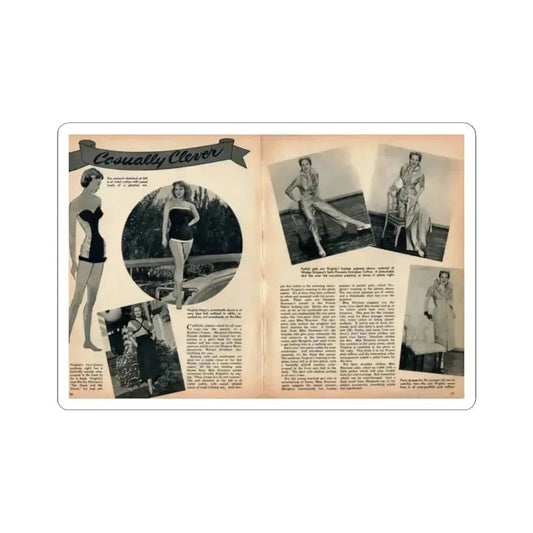 Virginia Mayo #289 - 2 Pages of Virginia+1 B&W Pin-Up Pic+4 B&W Fashion Pics circa late 40's from a Movie Star Magazine (Vintage Female Icon) STICKER Vinyl Kiss-Cut Decal 2 Inch White - The Sticker Space