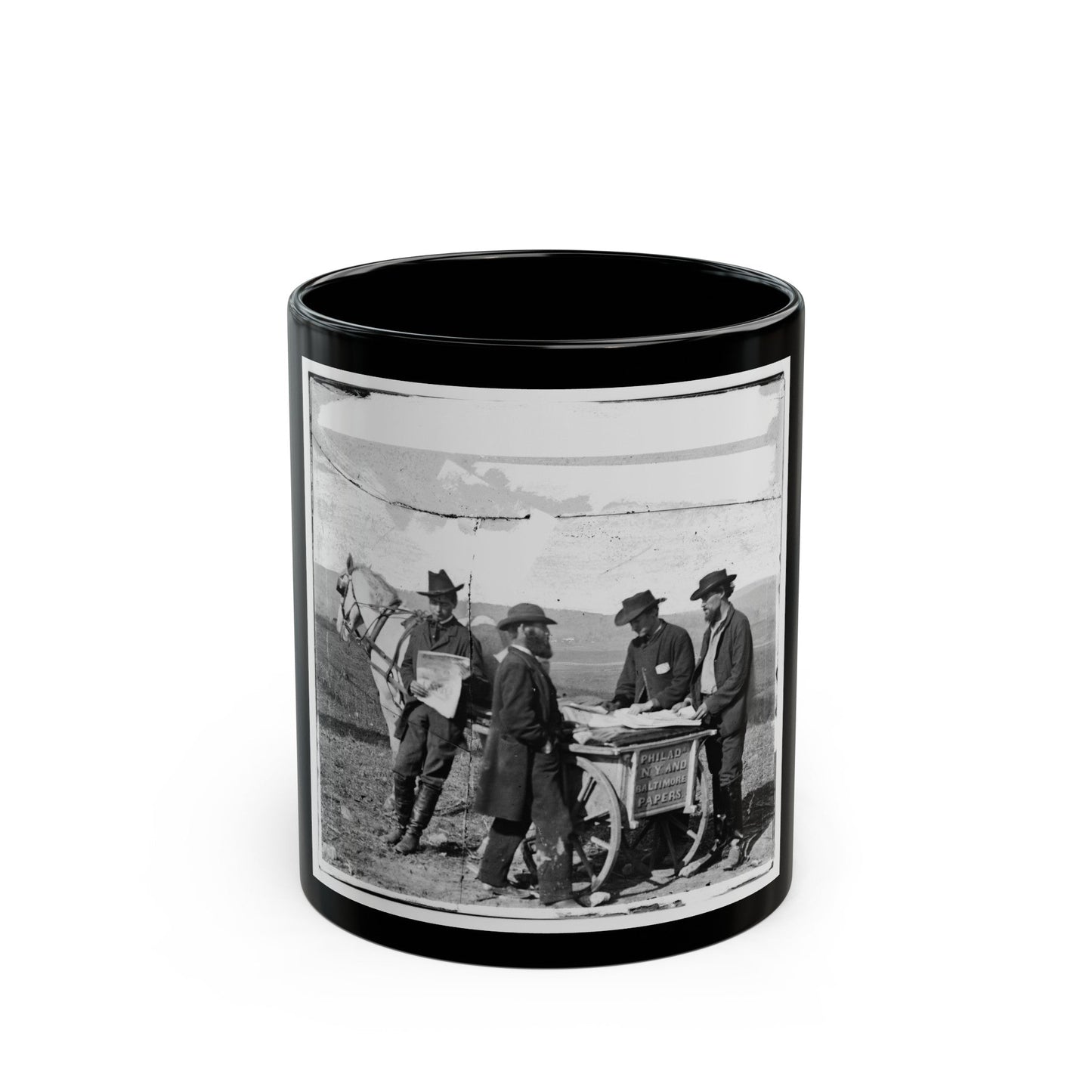 Virginia. Newspaper Vendor And Cart In Camp (U.S. Civil War) Black Coffee Mug-11oz-The Sticker Space