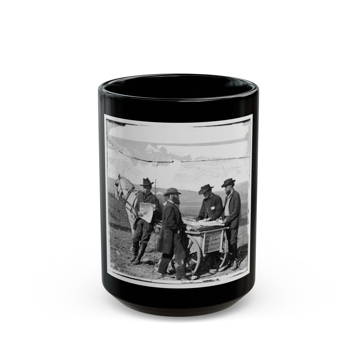 Virginia. Newspaper Vendor And Cart In Camp (U.S. Civil War) Black Coffee Mug-15oz-The Sticker Space