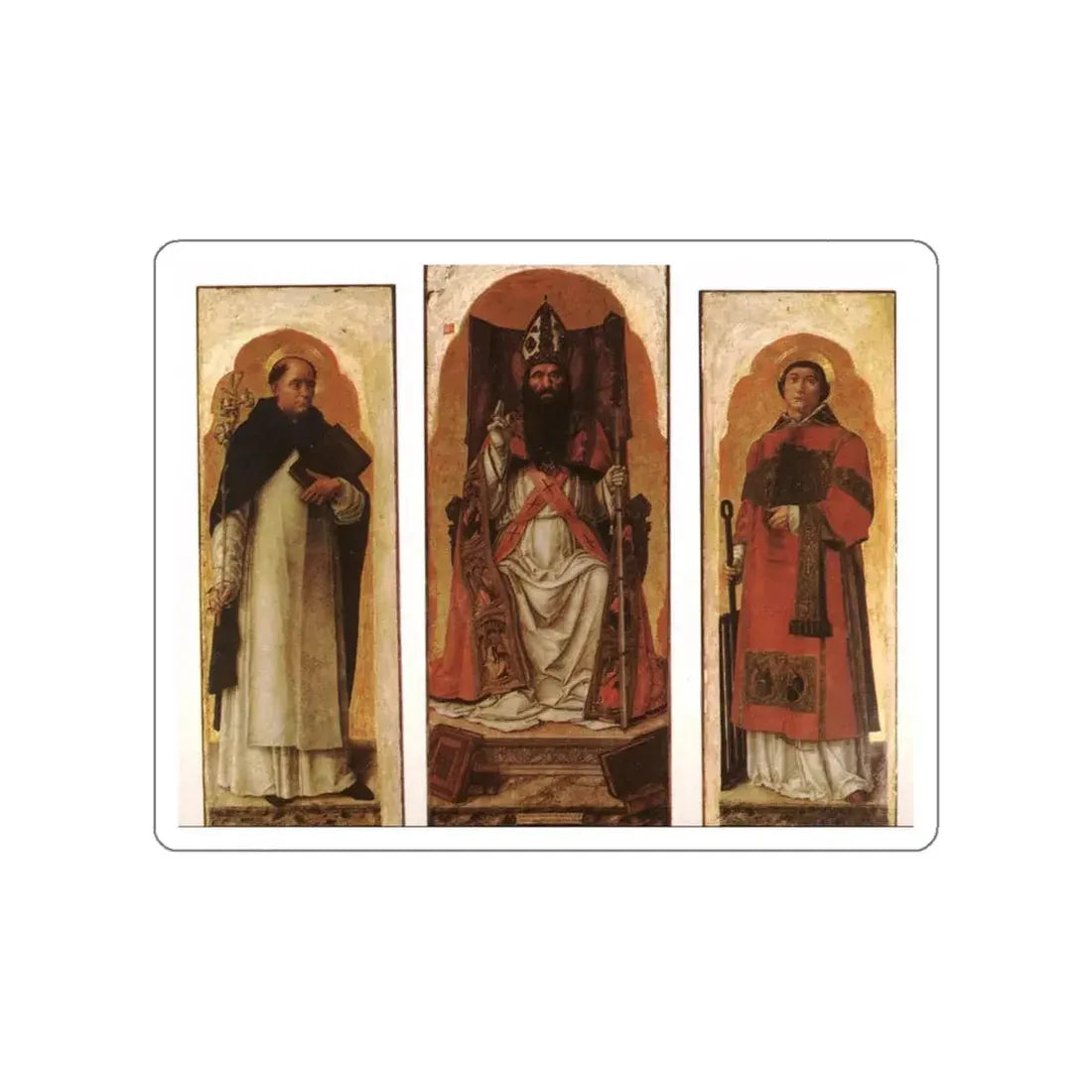 VIVARINI, Bartolomeo - Sts Dominic, Augustin, and Lawrence (Artwork) STICKER Vinyl Die-Cut Decal White Die-Cut 4 Inch - The Sticker Space