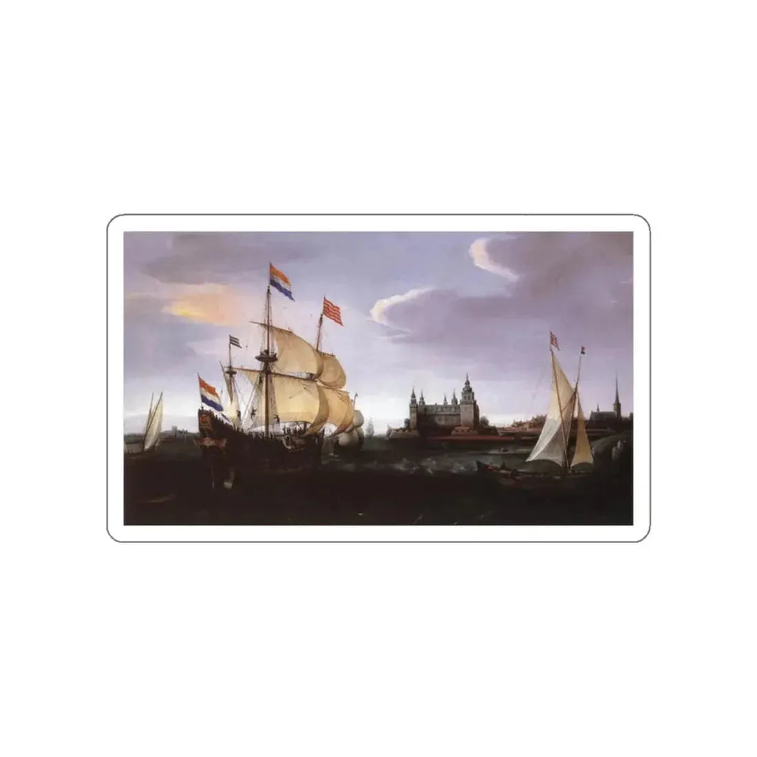 VROOM, Hendrick Cornelisz - Arrival of a Dutch Three-master at Schloss Kronberg (Artwork) STICKER Vinyl Die-Cut Decal White Die-Cut 2 Inch - The Sticker Space