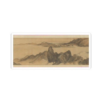 Misty Chinese ink handscroll of layered mountains and a rocky peak rising from clouds, with a small pavilion.