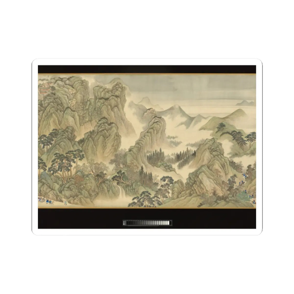 Chinese handscroll of towering green mountains, pine trees and a waterfall, with a small red temple on a high ridge.