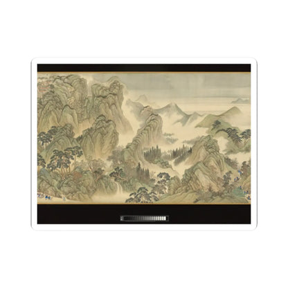 Chinese handscroll of towering green mountains, pine trees and a waterfall, with a small red temple on a high ridge.