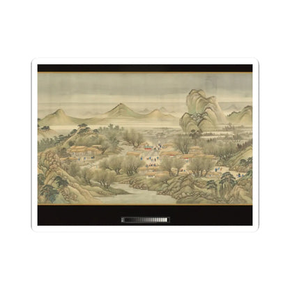 Chinese scroll painting of a thatched village around a gateway and pavilion, with bare willows beside a river.