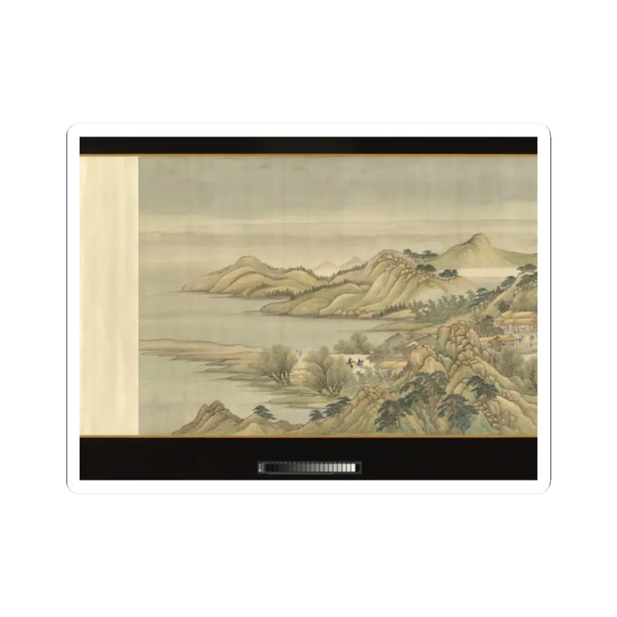 Chinese scroll painting of misty hills above a lake shore, with pine trees, bare willows and a village by the water.