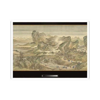 Chinese landscape handscroll of layered misty mountains, a waterfall and pine forests, with tiny riders on a road.