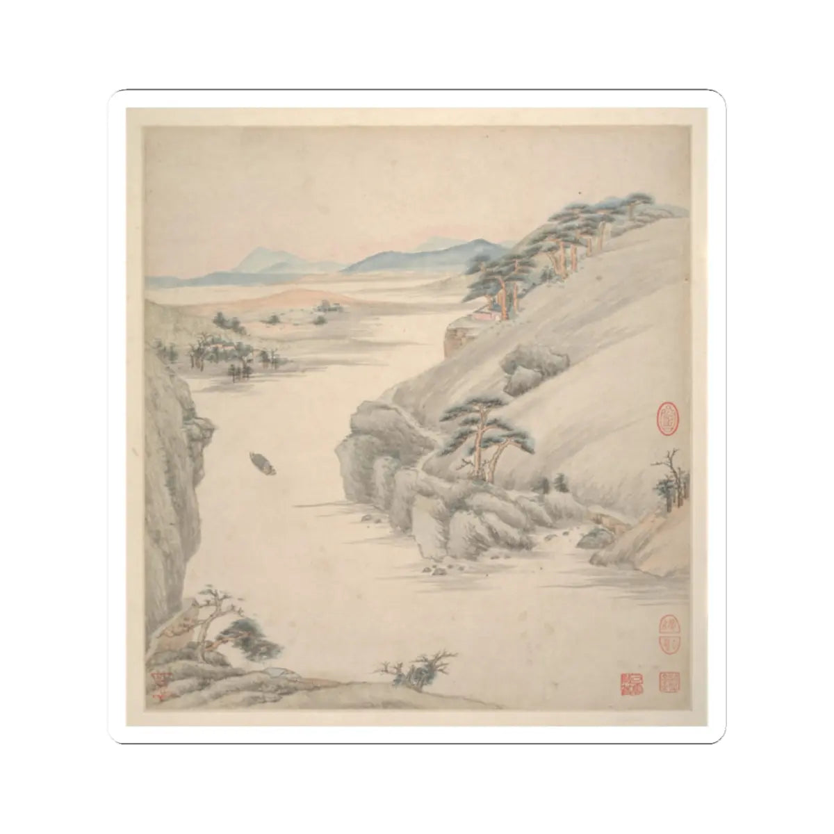Square album leaf of a small boat on a pale river beside a pine-topped cliff, with distant blue hills and red seals.