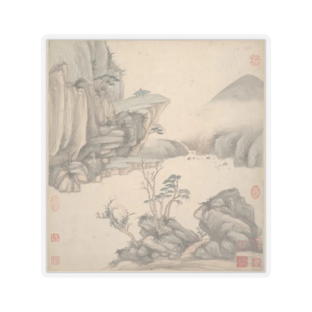 Album leaf of a blue-roofed pavilion on a rocky cliff above a misty river, with bare trees and boulders in front.