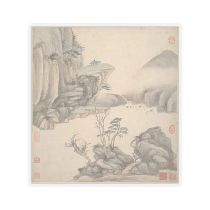 Album leaf of a blue-roofed pavilion on a rocky cliff above a misty river, with bare trees and boulders in front.