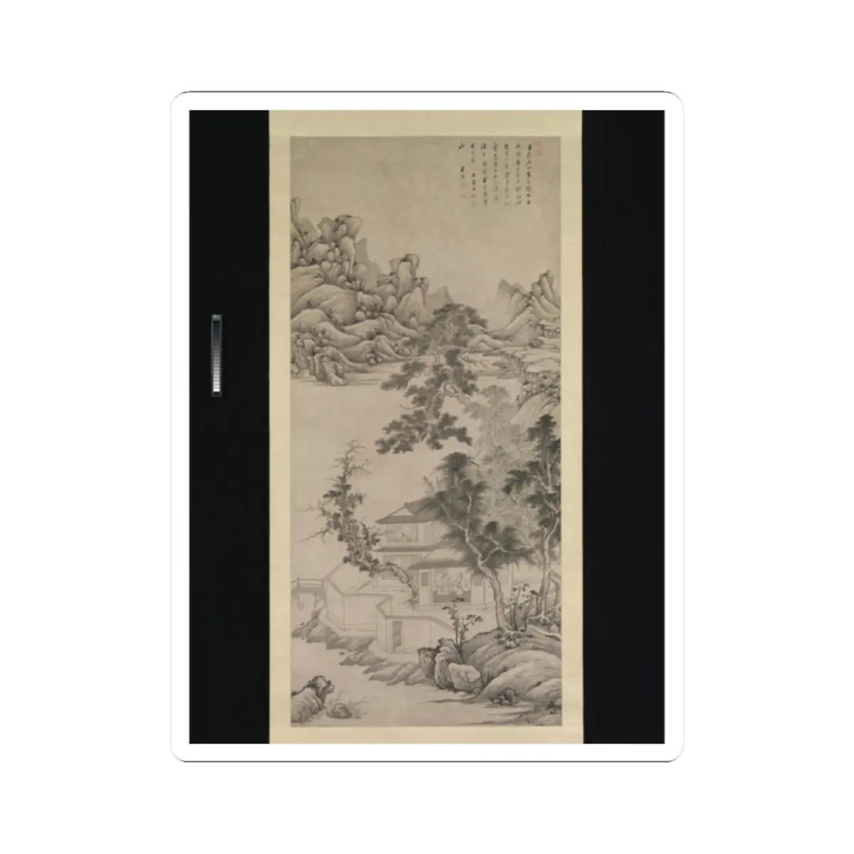 Monochrome ink hanging scroll of rocky mountains, pine trees and a two-storey pavilion beside a footbridge.