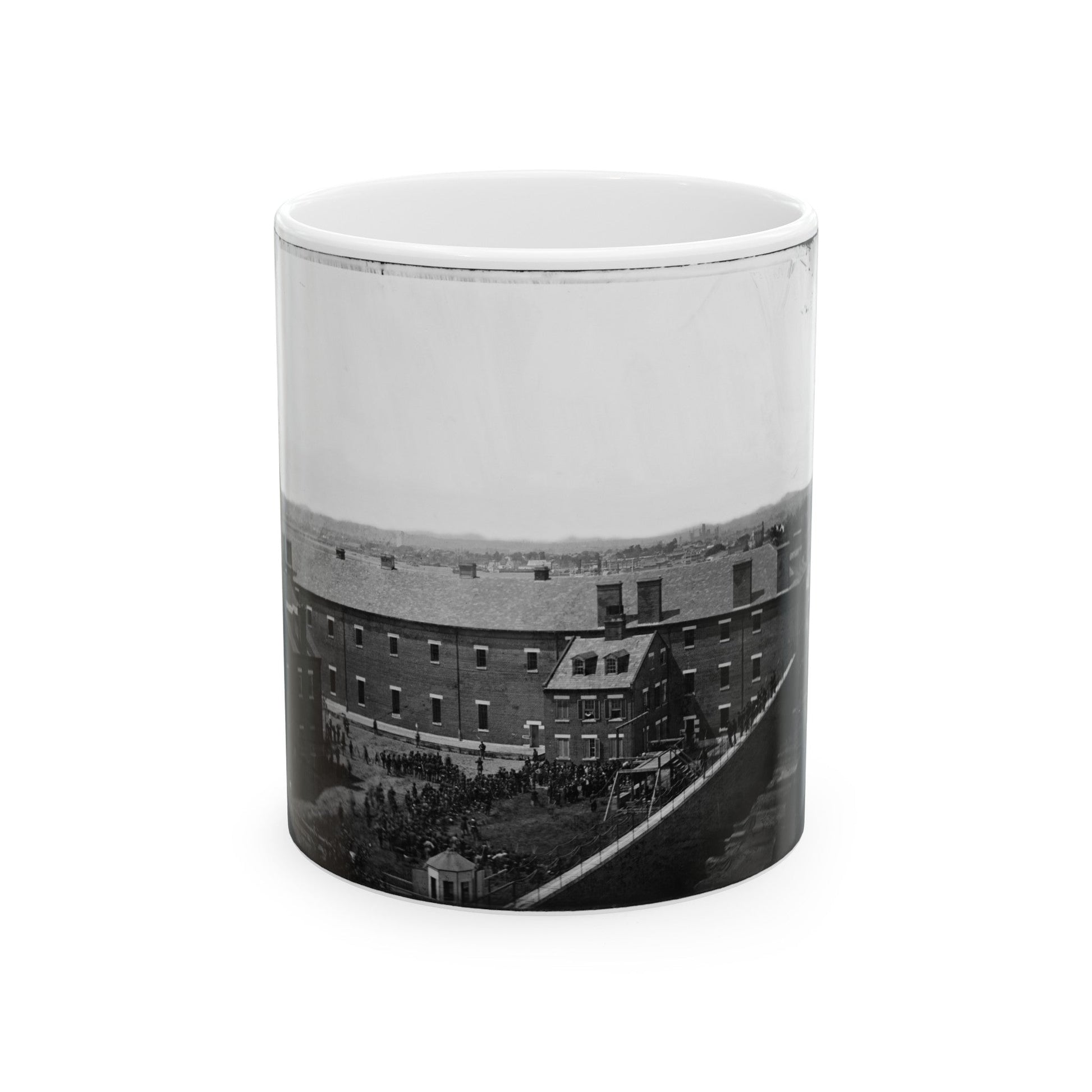 Washington, D.C. Execution Of The Conspirators Scaffold In Use And Crowd In The Yard, Seen From The Roof Of The Arsenal (U.S. Civil War) White Coffee Mug-11oz-The Sticker Space