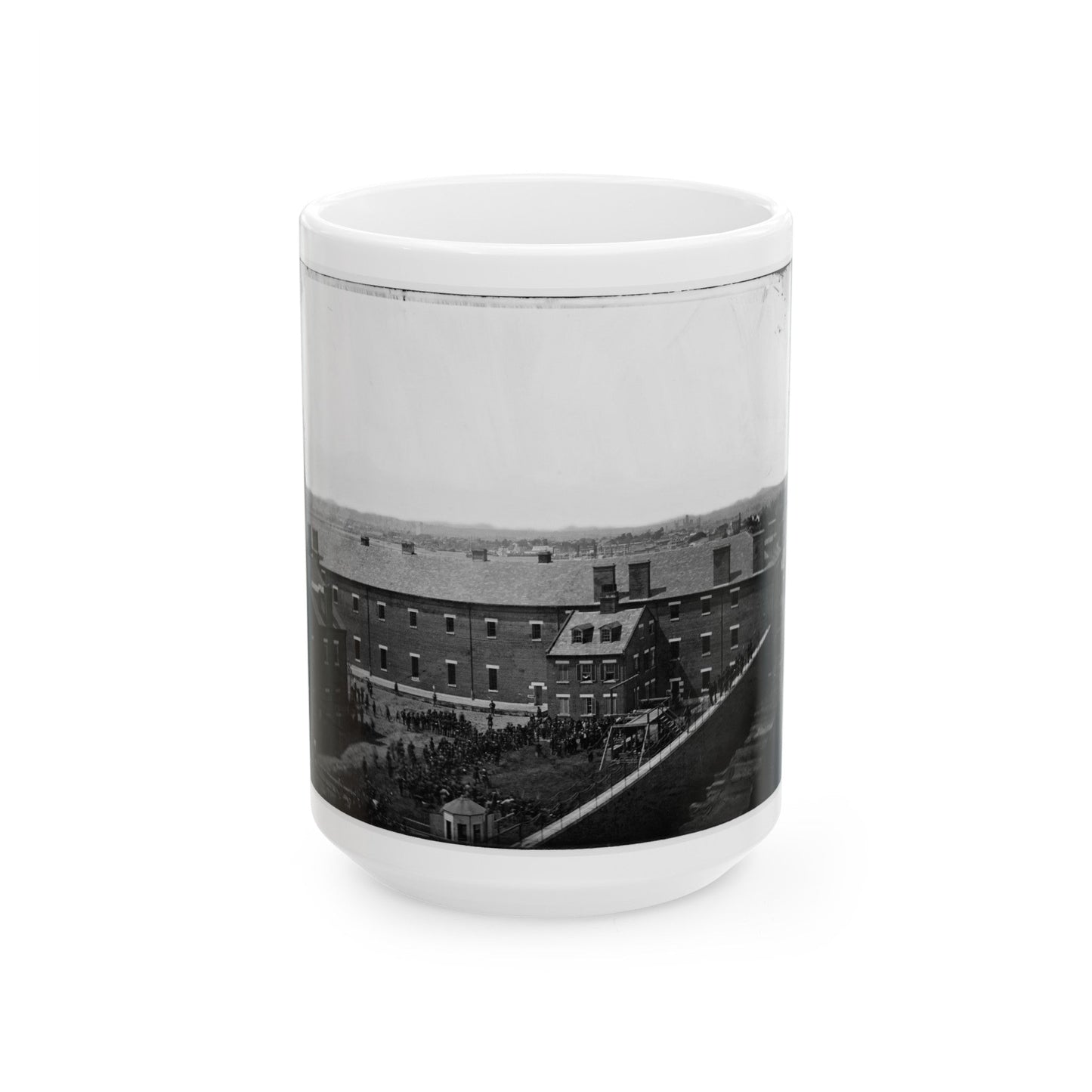 Washington, D.C. Execution Of The Conspirators Scaffold In Use And Crowd In The Yard, Seen From The Roof Of The Arsenal (U.S. Civil War) White Coffee Mug-15oz-The Sticker Space