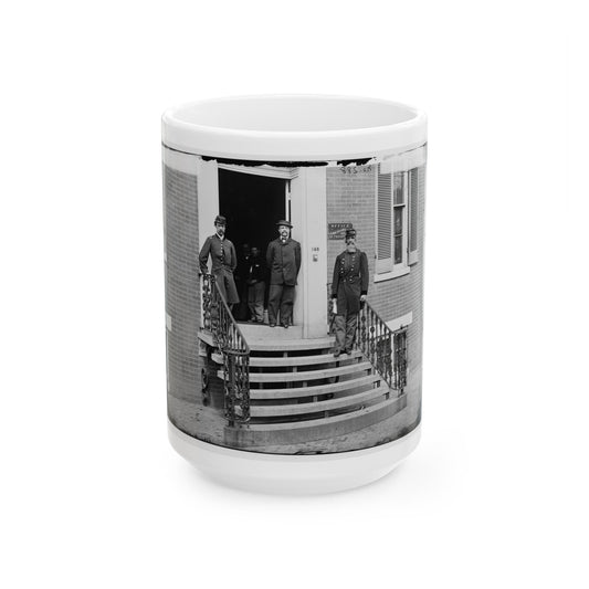 Washington, D.C. Gen. William Hoffman, Commissary General Of Prisoners (At Right) And Staff On Steps Of Office, F. St. At 20th Nw (U.S. Civil War) White Coffee Mug-15oz-The Sticker Space