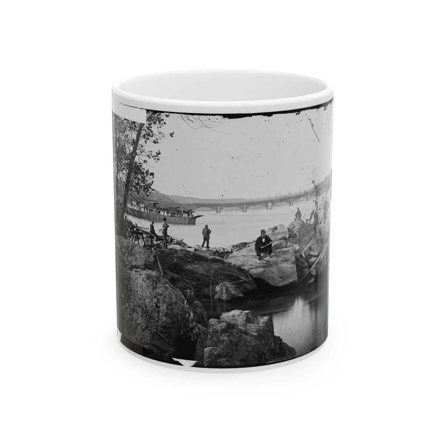 Washington, D.C. Georgetown Ferry-Boat Carrying Wagons, And Aqueduct Bridge Beyond, From Rocks On Mason's Island (U.S. Civil War) White Coffee Mug-11oz-The Sticker Space