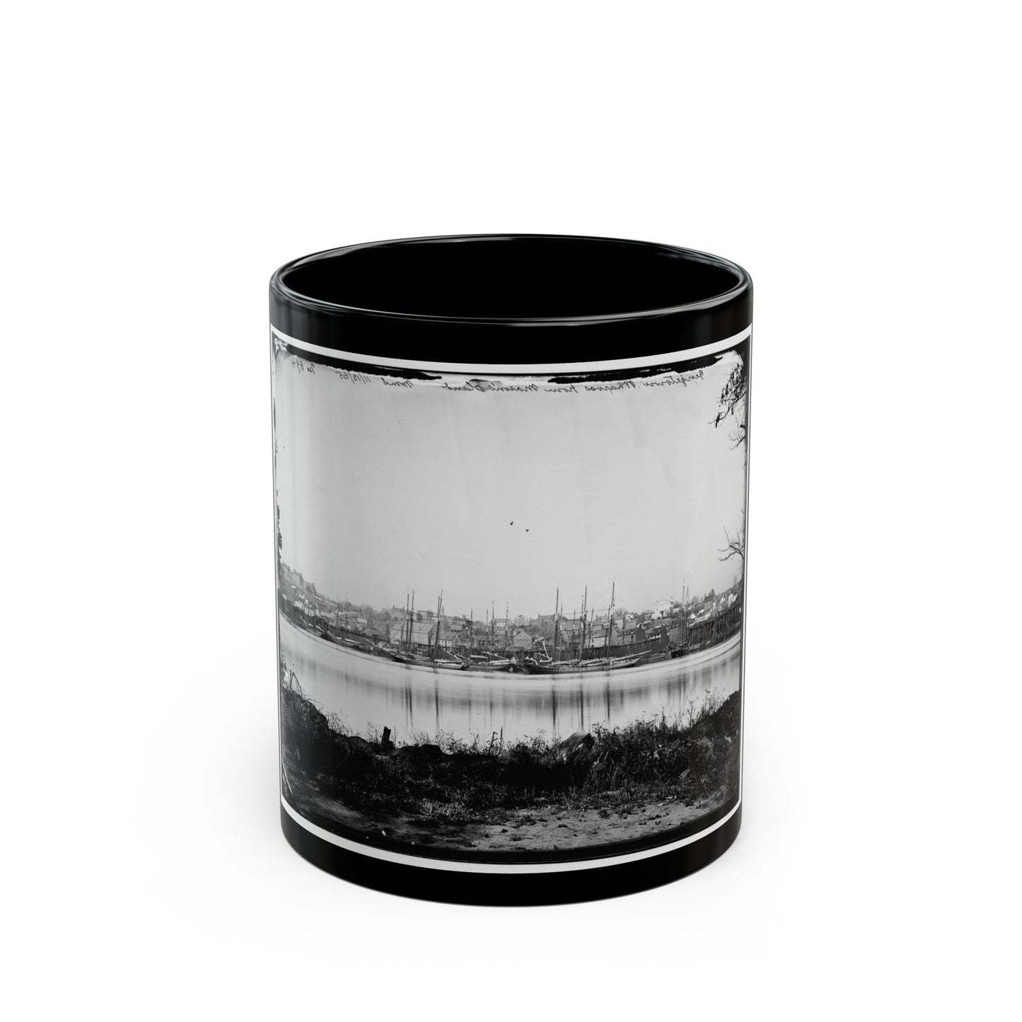 Washington, D.C. Georgetown Waterfront With Sailing Vessels, Seen From Mason's Island (U.S. Civil War) Black Coffee Mug-11oz-The Sticker Space