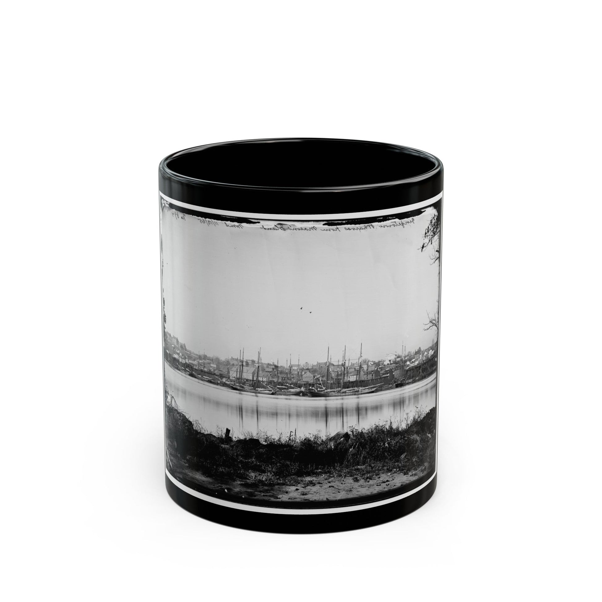 Washington, D.C. Georgetown Waterfront With Sailing Vessels, Seen From Mason's Island (U.S. Civil War) Black Coffee Mug-11oz-The Sticker Space