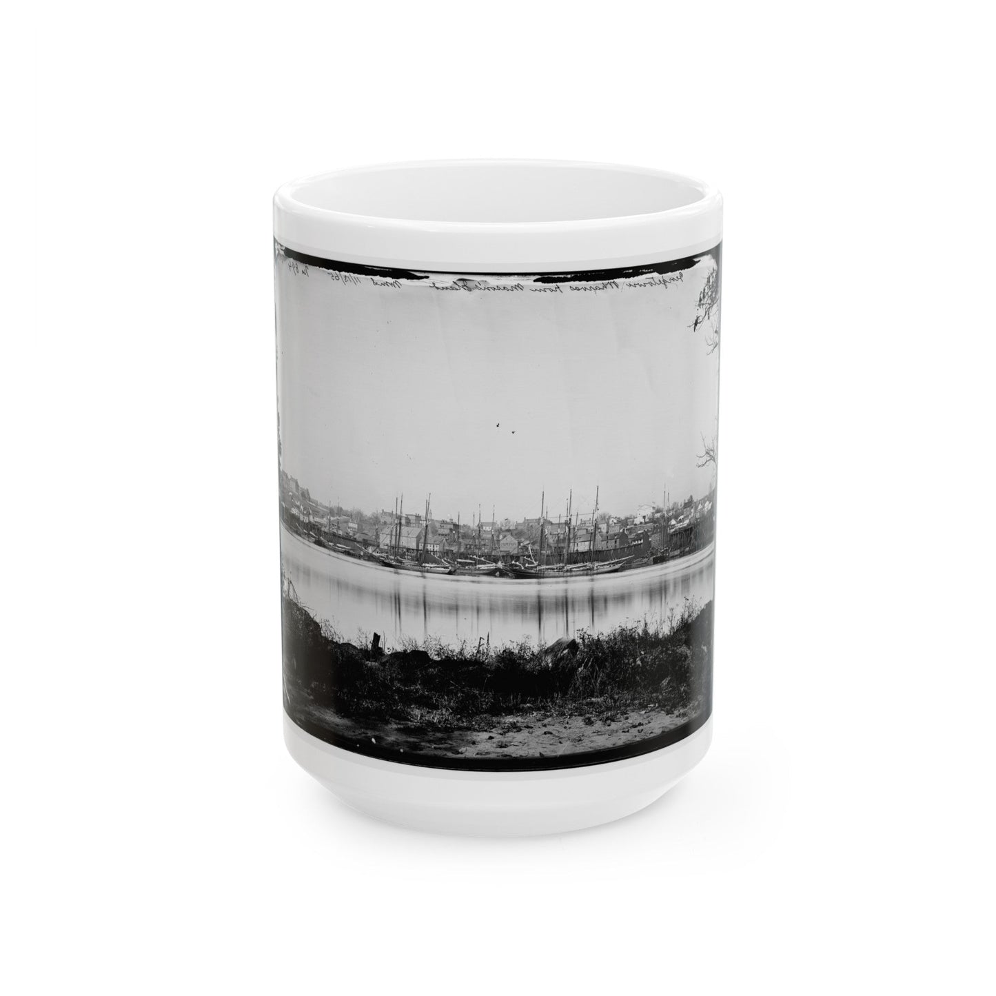 Washington, D.C. Georgetown Waterfront With Sailing Vessels, Seen From Mason's Island (U.S. Civil War) White Coffee Mug-15oz-The Sticker Space