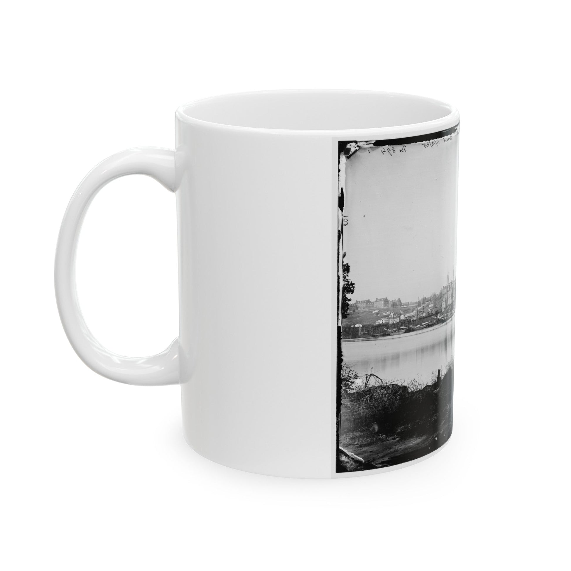 Washington, D.C. Georgetown Waterfront With Sailing Vessels, Seen From Mason's Island (U.S. Civil War) White Coffee Mug-The Sticker Space