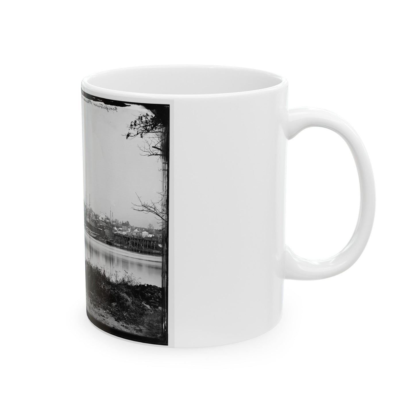 Washington, D.C. Georgetown Waterfront With Sailing Vessels, Seen From Mason's Island (U.S. Civil War) White Coffee Mug-The Sticker Space