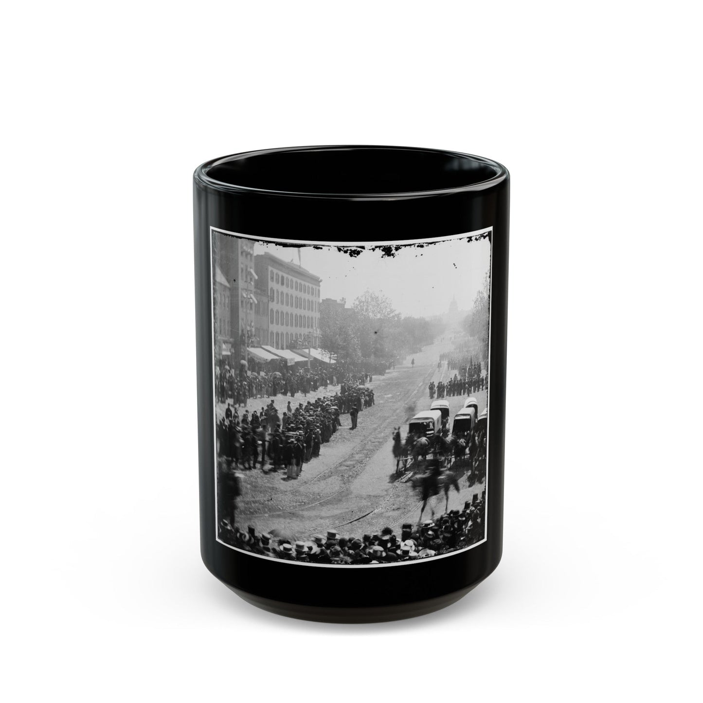 Washington, D.C. Group Of Ambulances Followed By Band And Infantry Units On Pennsylvania Avenue Near The Treasury (U.S. Civil War) Black Coffee Mug-15oz-The Sticker Space