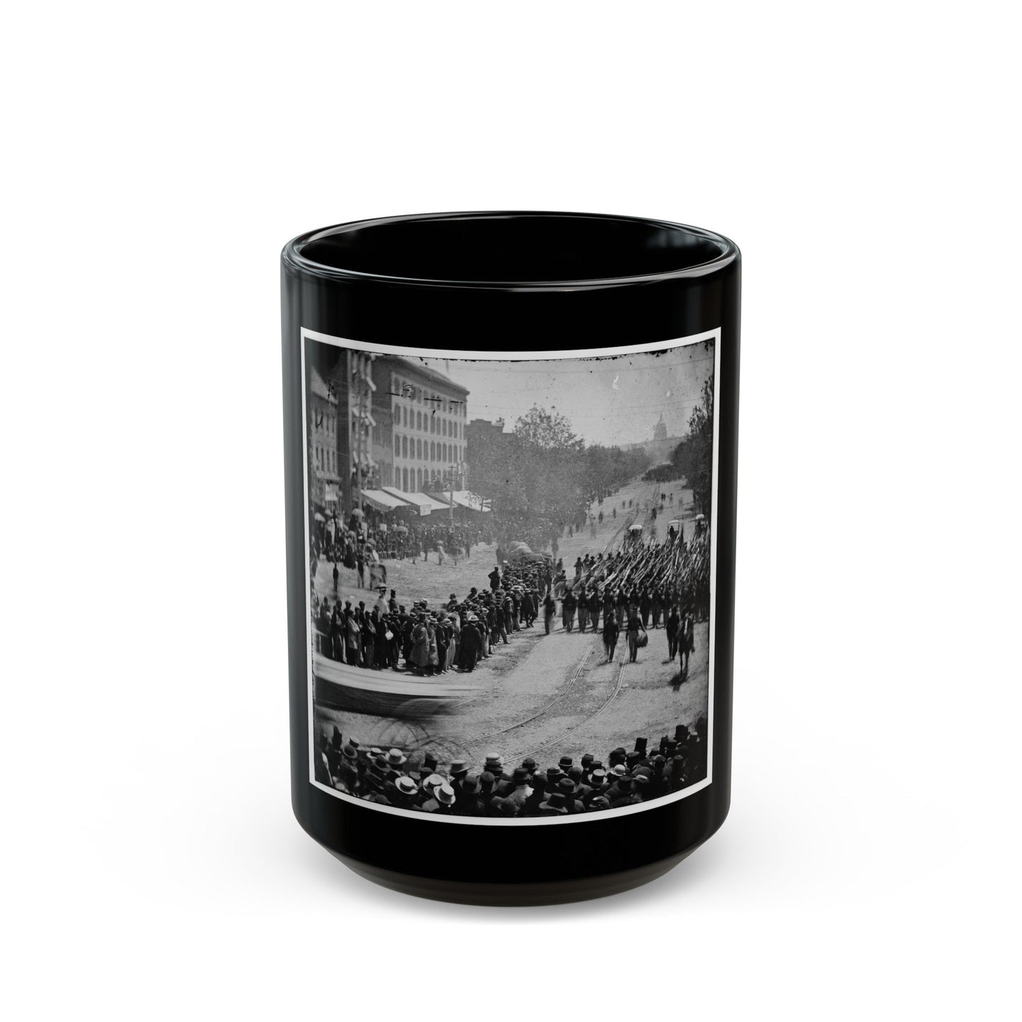 Washington, D.C. Infantry Unit With Fixed Bayonets Followed By Ambulances Passing On Pennsylvania Avenue Near The Treasury (U.S. Civil War) Black Coffee Mug-15oz-The Sticker Space