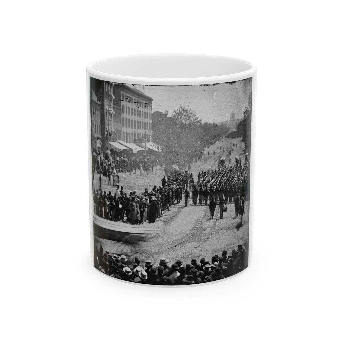 Washington, D.C. Infantry Unit With Fixed Bayonets Followed By Ambulances Passing On Pennsylvania Avenue Near The Treasury (U.S. Civil War) White Coffee Mug-11oz-The Sticker Space