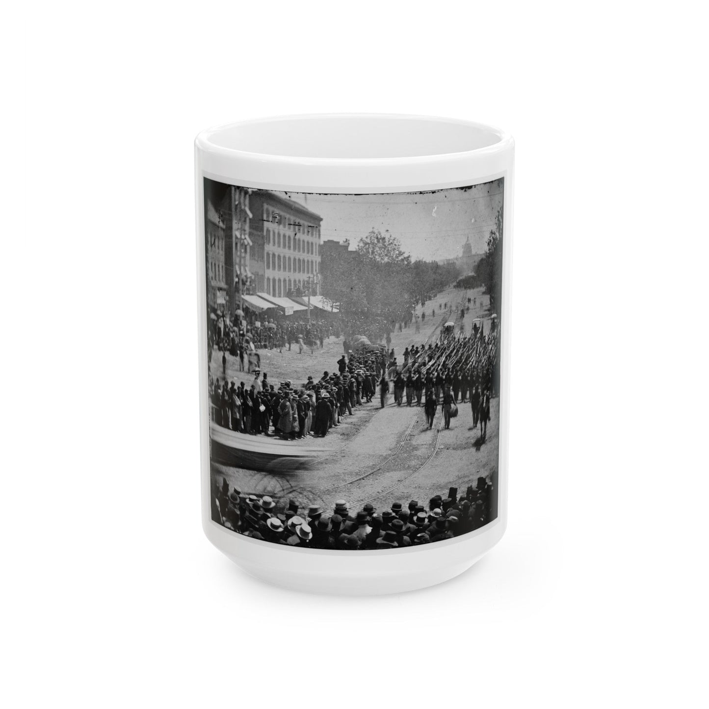 Washington, D.C. Infantry Unit With Fixed Bayonets Followed By Ambulances Passing On Pennsylvania Avenue Near The Treasury (U.S. Civil War) White Coffee Mug-15oz-The Sticker Space