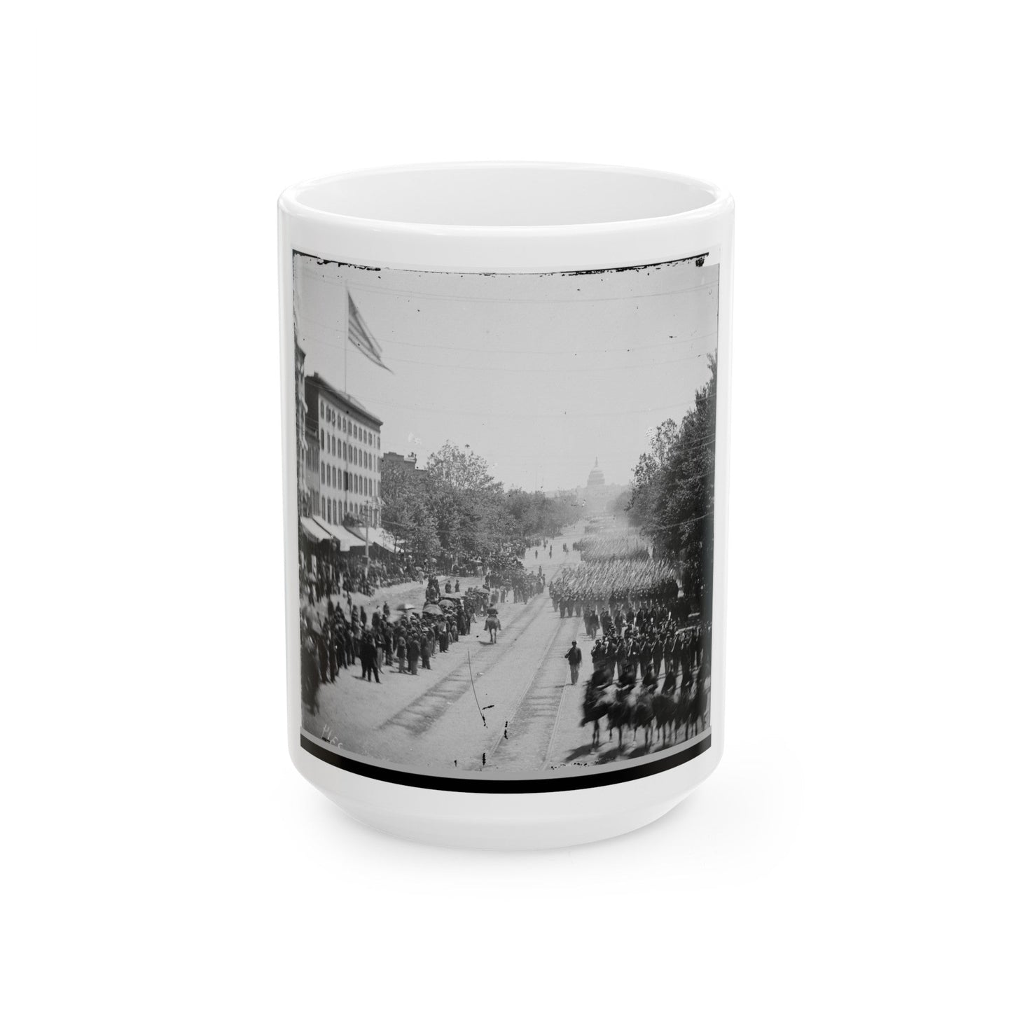 Washington, D.C. Infantry Units With Fixed Bayonets Passing On Pennsylvania Avenue Near The Treasury (U.S. Civil War) White Coffee Mug-15oz-The Sticker Space