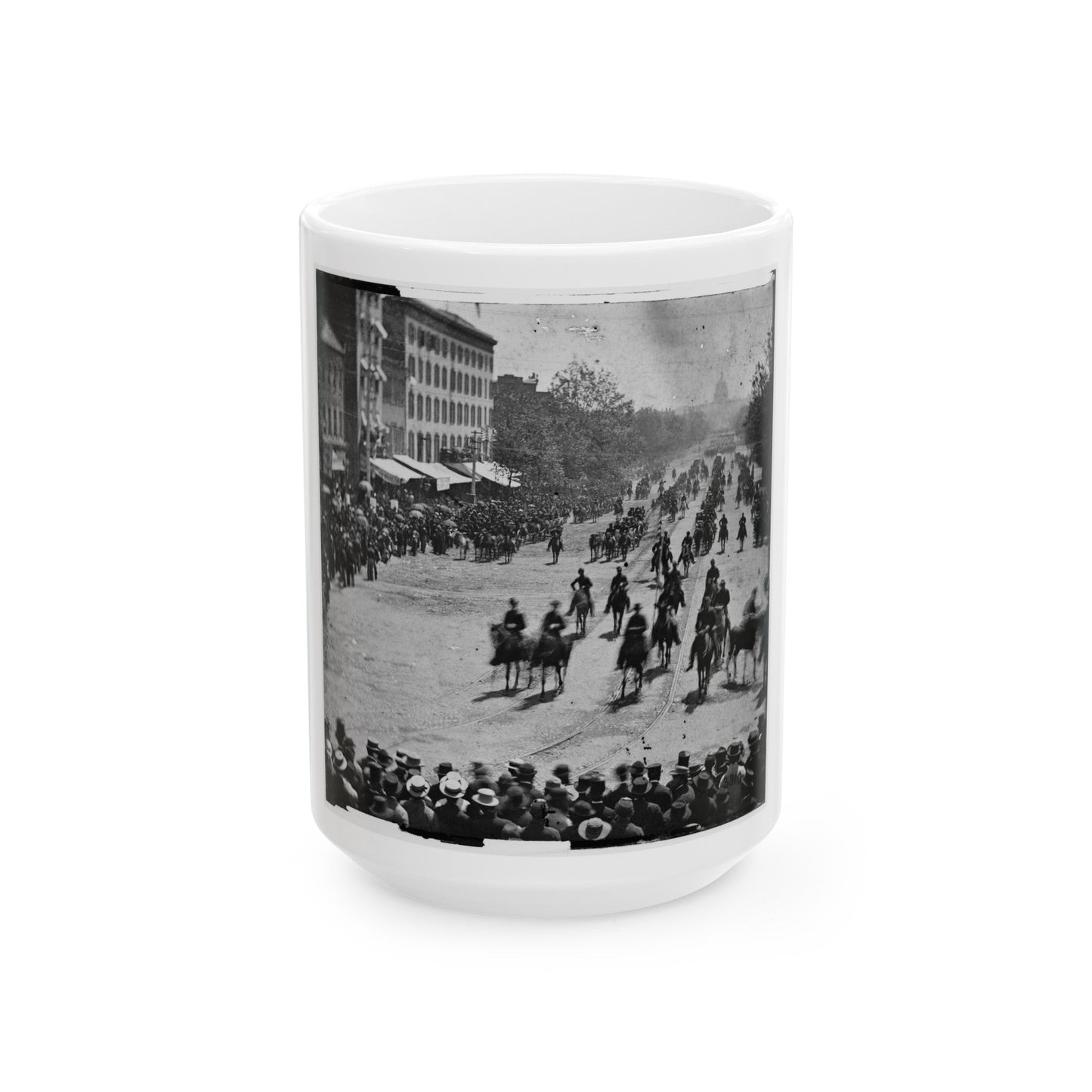 Washington, D.C. Mounted Officers And Unidentified Units Passing On Pennsylvania Avenue Near The Treasury (U.S. Civil War) White Coffee Mug-15oz-The Sticker Space