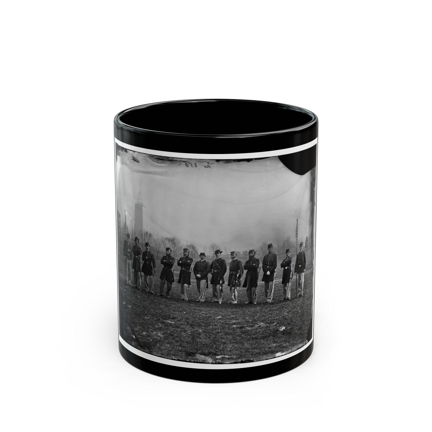 Washington, D.C. Officers Of The U.S. Treasury Battalion; Uncompleted Washington Monument In Left Background (U.S. Civil War) Black Coffee Mug-11oz-The Sticker Space