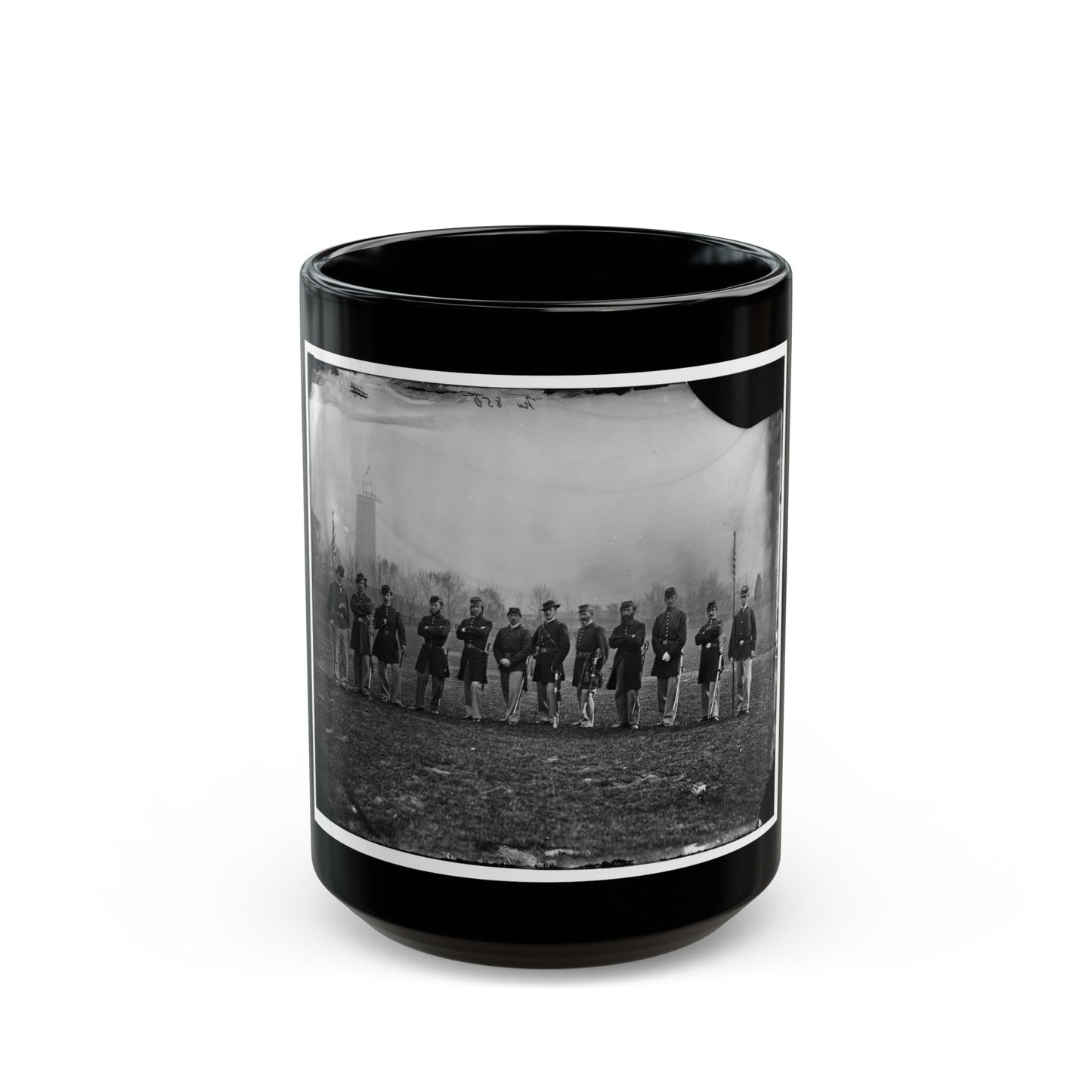 Washington, D.C. Officers Of The U.S. Treasury Battalion; Uncompleted Washington Monument In Left Background (U.S. Civil War) Black Coffee Mug-15oz-The Sticker Space