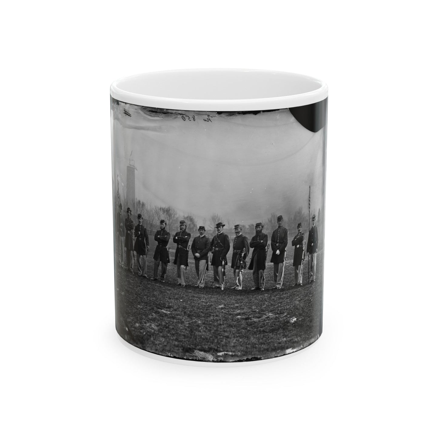 Washington, D.C. Officers Of The U.S. Treasury Battalion; Uncompleted Washington Monument In Left Background (U.S. Civil War) White Coffee Mug-11oz-The Sticker Space