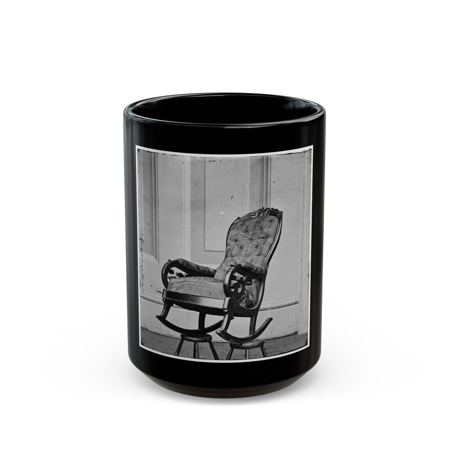 Washington, D.C. Rocking Chair Used By President Lincoln In Ford's Theater (U.S. Civil War) Black Coffee Mug-15oz-The Sticker Space