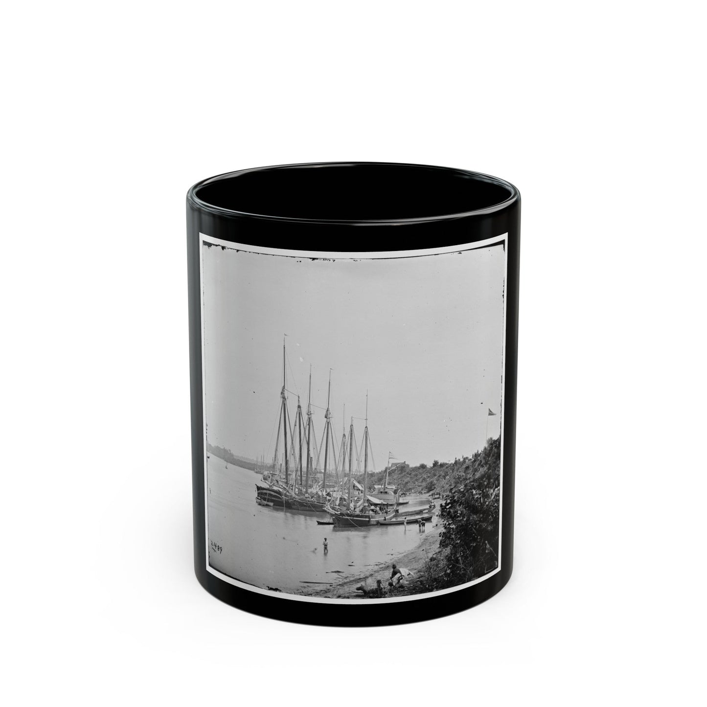 White House Landing, Va. View Down River, With Supply Vessels (U.S. Civil War) Black Coffee Mug-11oz-The Sticker Space