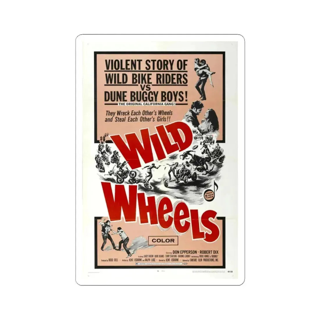 Wild Wheels 1969 Movie Poster - STICKER Vinyl Kiss-Cut Decal 4 Inch White - The Sticker Space