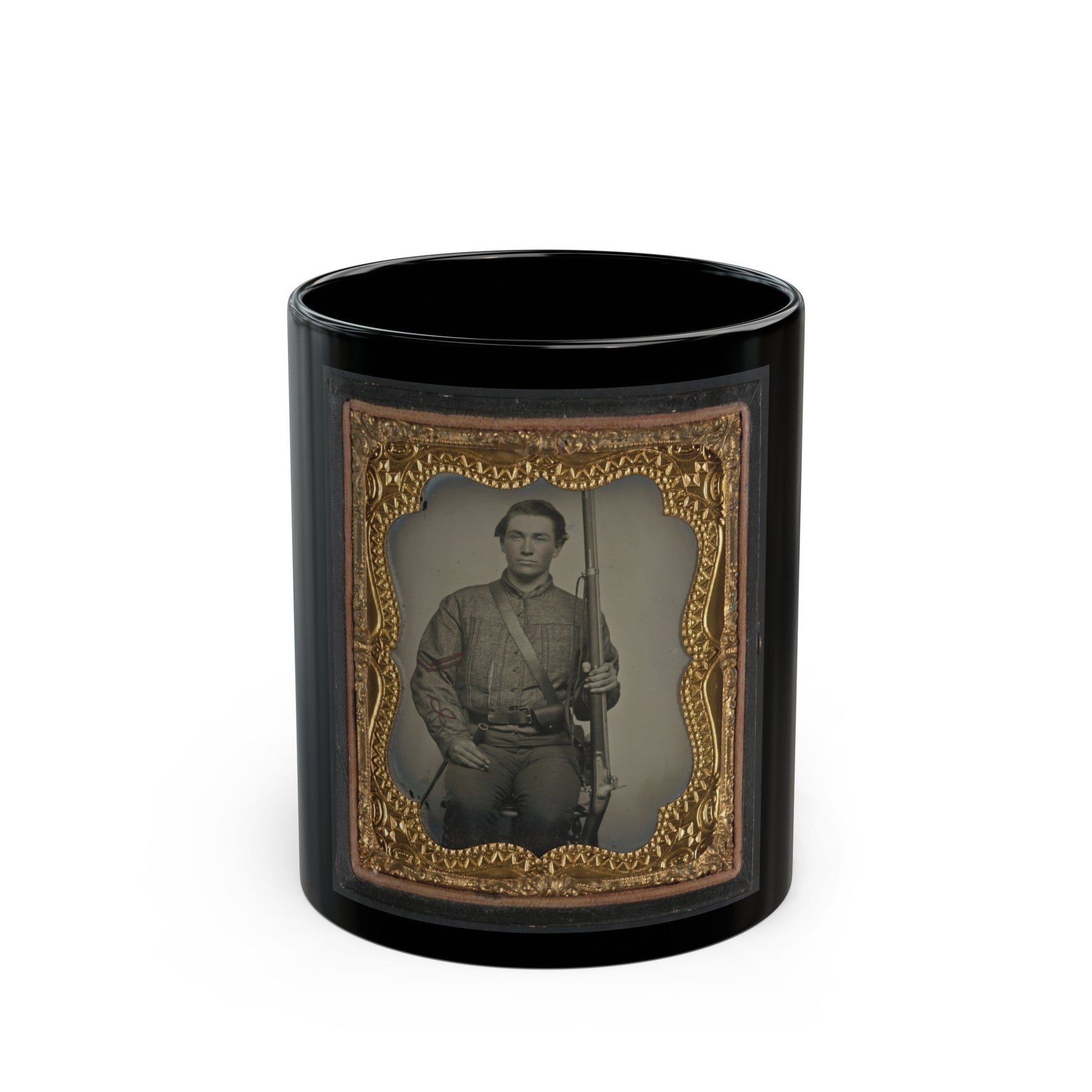 William Jenkins, North Carolina Soldier, In Artillery Uniform, With Percussion Musket Converted From A Flintlock Musket (U.S. Civil War) Black Coffee Mug-11oz-The Sticker Space