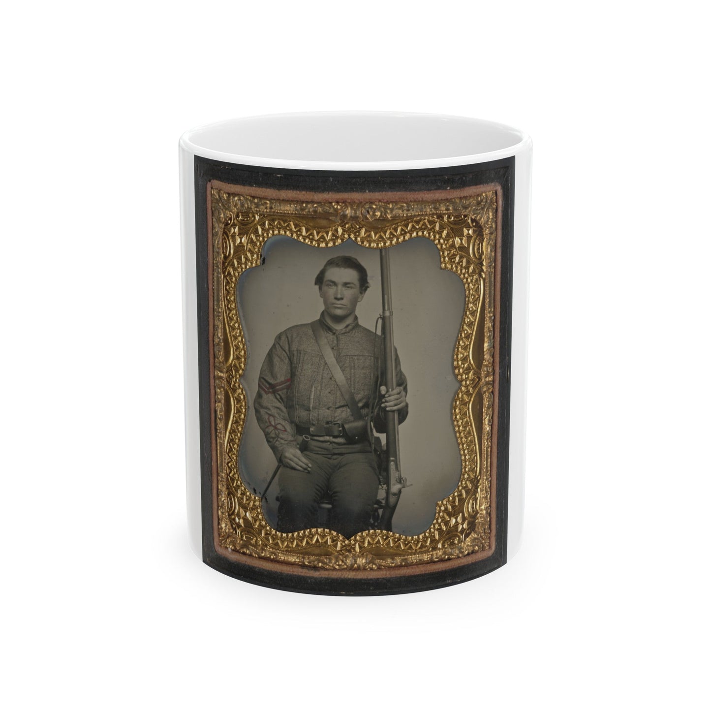 William Jenkins, North Carolina Soldier, In Artillery Uniform, With Percussion Musket Converted From A Flintlock Musket (U.S. Civil War) White Coffee Mug-11oz-The Sticker Space