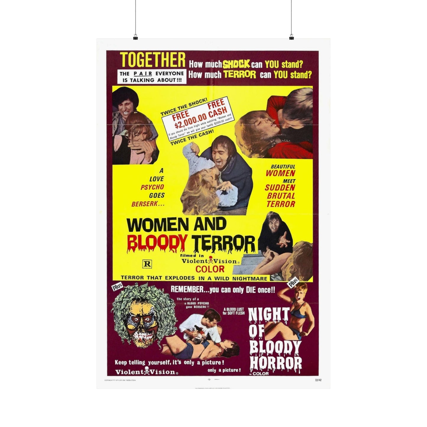 WOMEN AND BLOODY TERROR + NIGHT OF BLOODY HORROR 1970 - Paper Movie Poster-36" x 54"-The Sticker Space