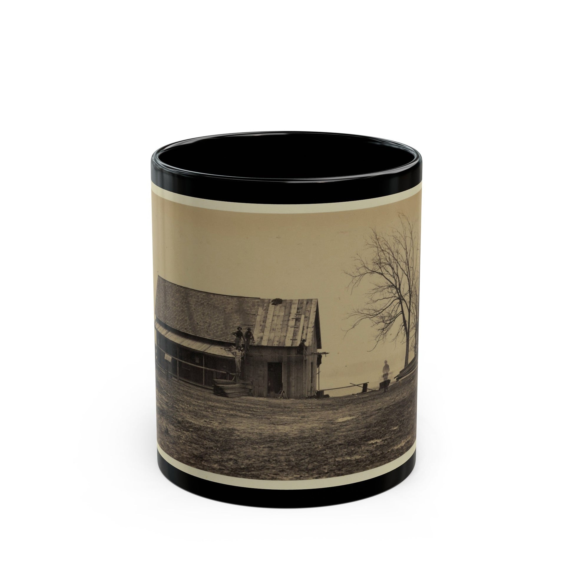 Workers Constructing A Wood Building (U.S. Civil War) Black Coffee Mug-11oz-The Sticker Space