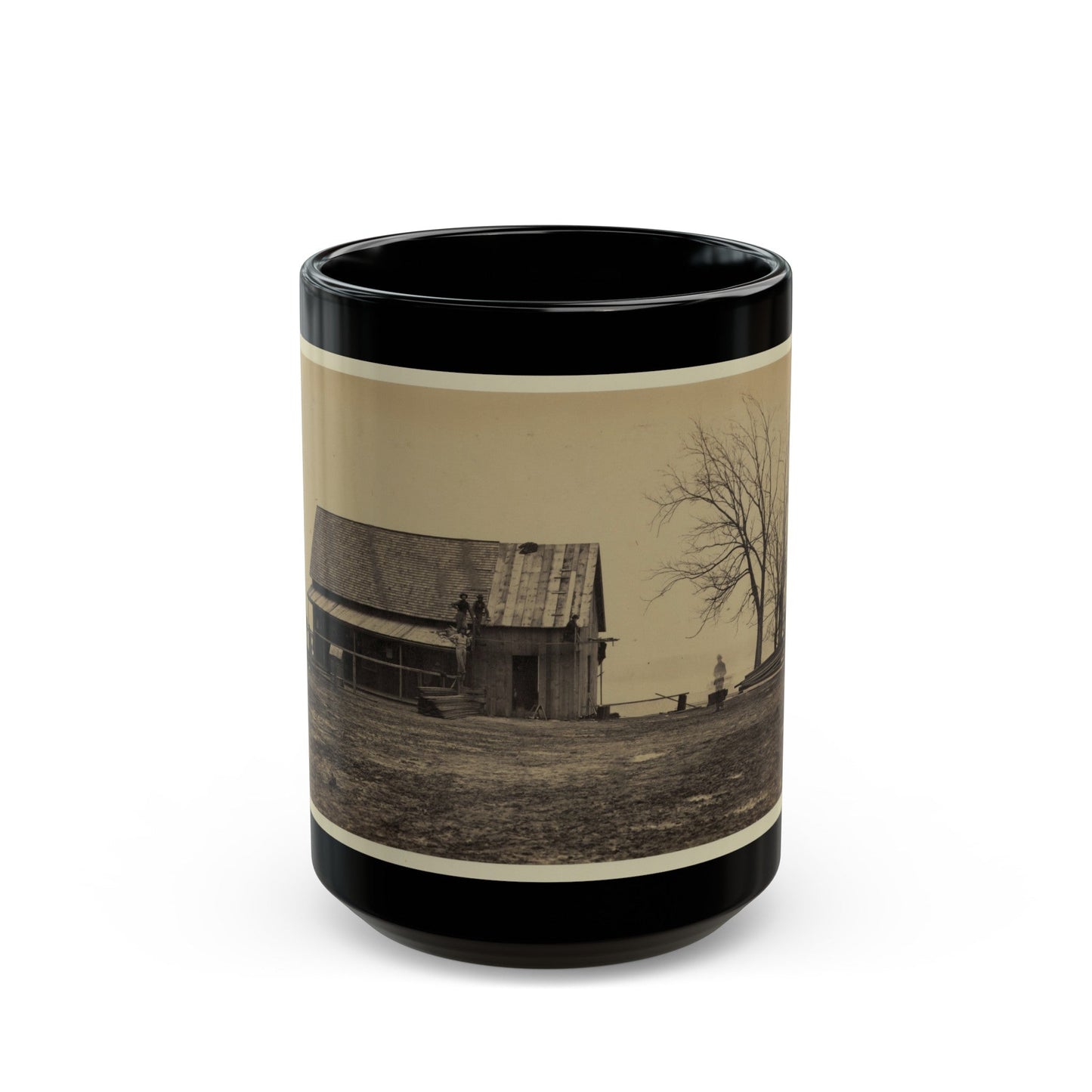 Workers Constructing A Wood Building (U.S. Civil War) Black Coffee Mug-15oz-The Sticker Space